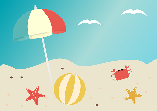 Grafik Strand mit Sonnenschirm, Wasserball, zwei Seesternen und einer Krabbe, blauer Himmel mit zwei weißen Möwen