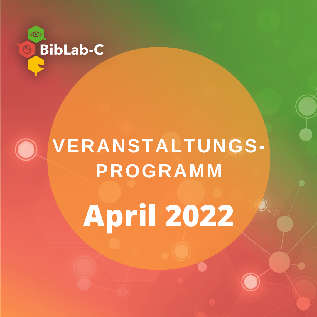 Orange-Farbener Kreis auf rot-grünem Untergrund mit Text "Veranstaltungsprogramm April 2022"
