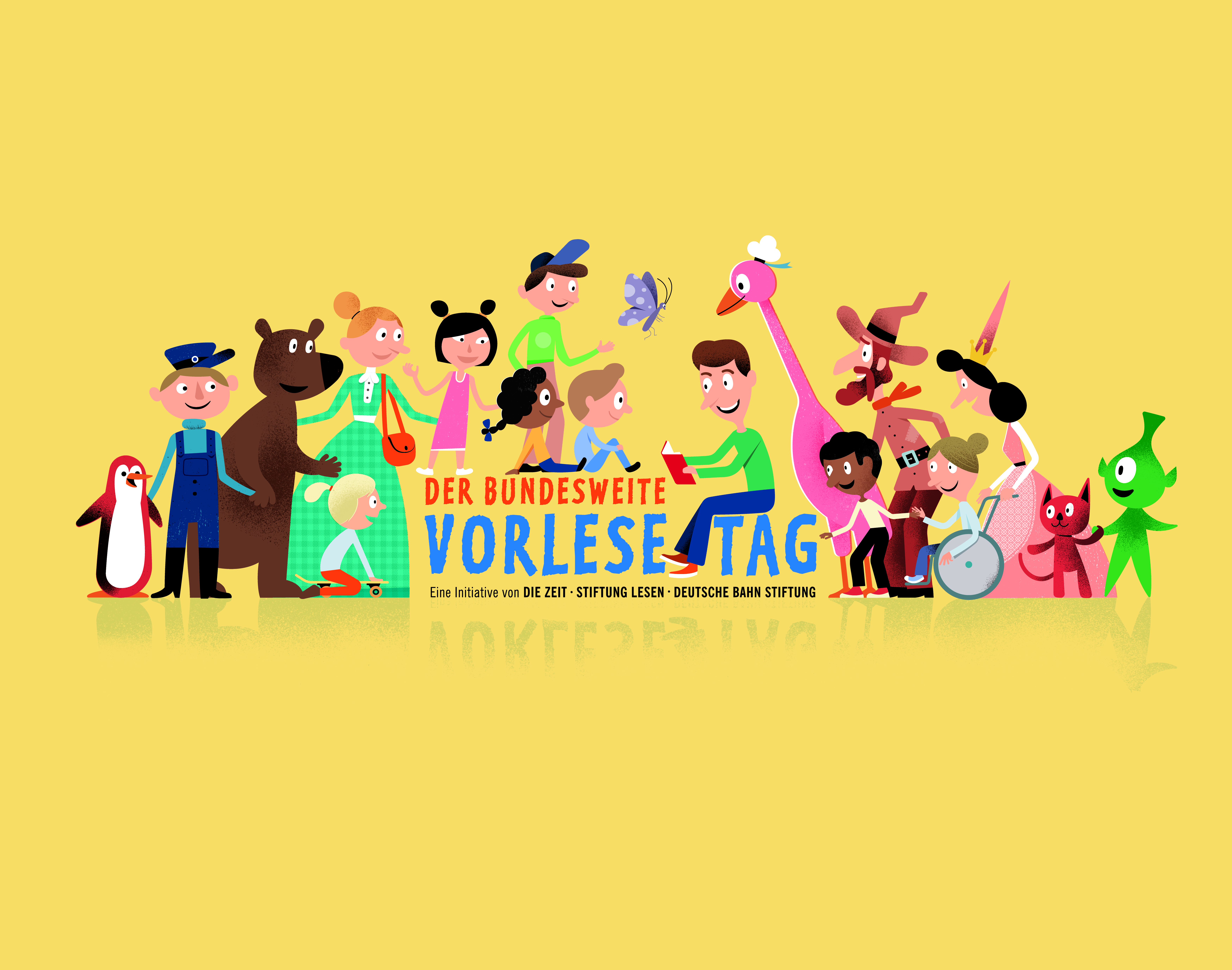 Logo des Bundesweiten Vorlesetages, gezeichnete Figuren, Tiere und Kinder sitzen und stehen rund um den Schriftzug "Vorlesetag", ein Mann liest vor