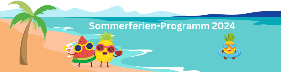 Grafik von Strand mit einer Palme und Meer, eine Comic-Ananas und ein Stück Melone mit Sonnenbrille gehen am Strand spazieren, eine Ananas mit Schwimmring treibt im Wasser