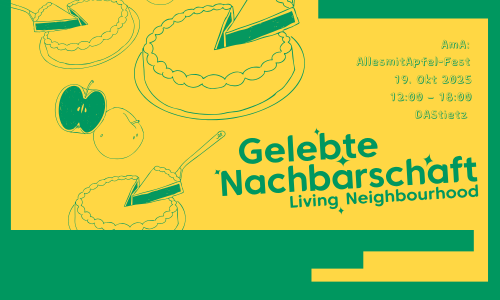 Grafik mit Gelb auf grünem Hintergrund, zu sehen sind Torten mit Tortenschaufeln und Äpfel, Schriftzug "Gelebte Nachbarschaft, Living Neighbourhood"